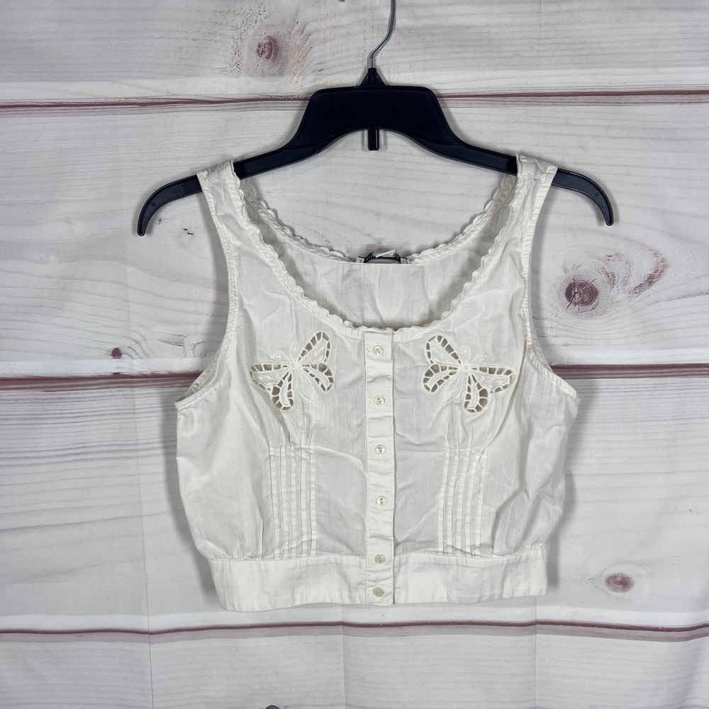 American Eagle Tank Top Womens M White Butterfly Eyelet Button Front Cropped